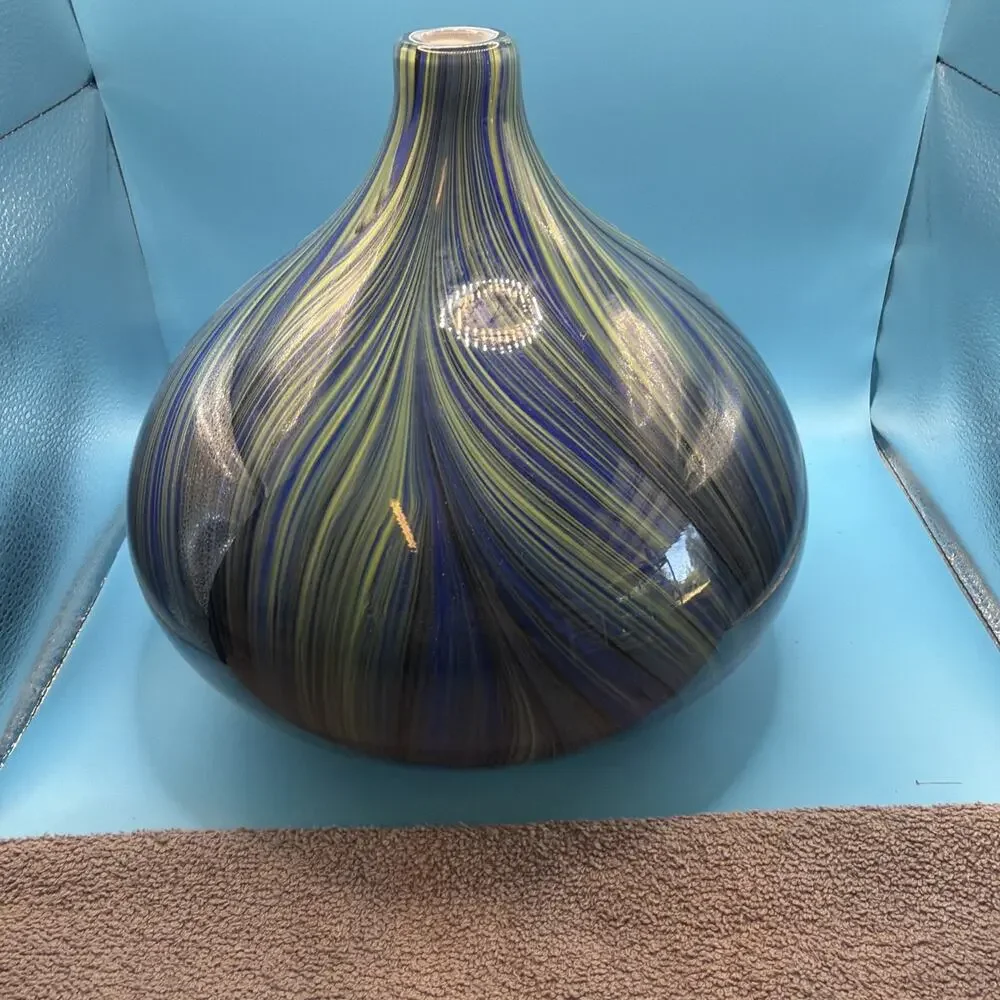 Murano Style Vase Large 10 Inch Onion Swirl Blue Green Black Hand Blown MCM